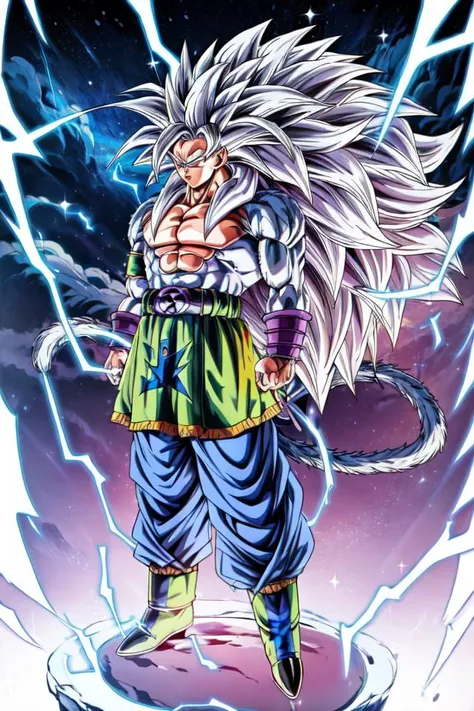 highres, high quality, Super_Saiyan_5_Goku, 1boy, male focus, (white fur:1), red eyes, tail, white hair, long hair, spiked hair, big hair, massive hair, very long hair, full body, highly detailed, aura, lightning, electricity, sparkle, divine, majestic,
<lora:Super_Saiyan_5_Goku_v3:0.8>
<lora:DragonballMerge:0.2> 
<lora:more_details:0.5>
<lora:tangbohu-detailer_1.0:0.5>