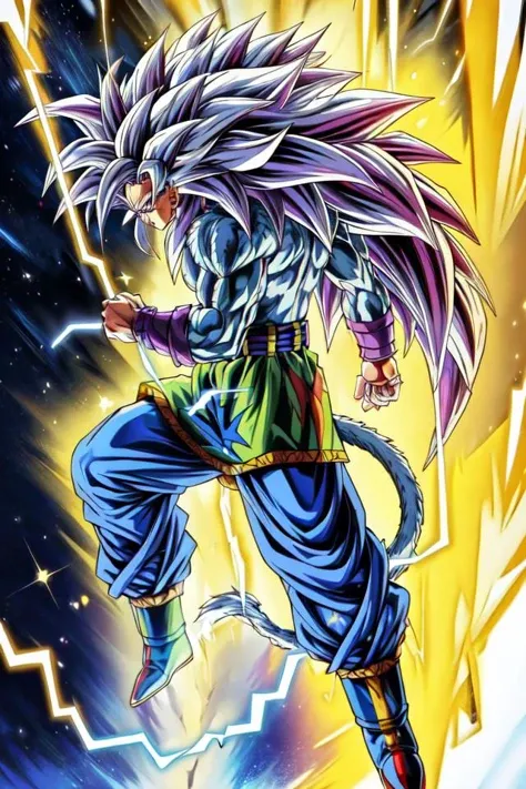 highres, high quality, Super_Saiyan_5_Goku, 1boy, male focus, (white fur:1), red eyes, tail, white hair, long hair, spiked hair, big hair, massive hair, very long hair, full body, highly detailed, aura, lightning, electricity, sparkle, divine, majestic,
<lora:Super_Saiyan_5_Goku_v3:0.8>
<lora:DragonballMerge:0.2> 
<lora:more_details:0.5>
<lora:tangbohu-detailer_1.0:0.5>