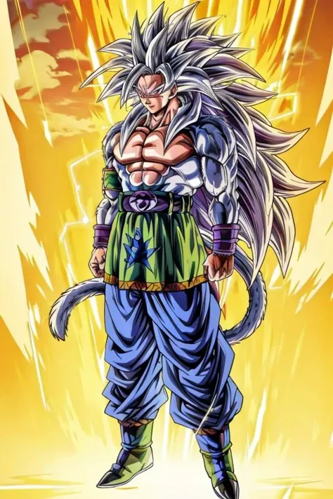 highres, high quality, Super_Saiyan_5_Goku, 1boy, male focus, (white fur:1), red eyes, tail, white hair, long hair, spiked hair, big hair, massive hair, very long hair, full body, highly detailed, aura, lightning, electricity, sparkle, divine, majestic,
<lora:Super_Saiyan_5_Goku_v3:0.8>
<lora:DragonballMerge:0.2> 
<lora:more_details:0.5>
<lora:tangbohu-detailer_1.0:0.5>