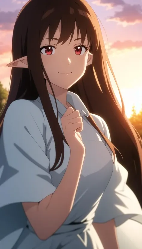 masterpiece, best quality, solo, anime screencap,
long hair, brown hair, red eyes, dress, pointy ears, light smile,
depth of field, blurry background, forest, portrait, wind, sunset, good hands, thin,