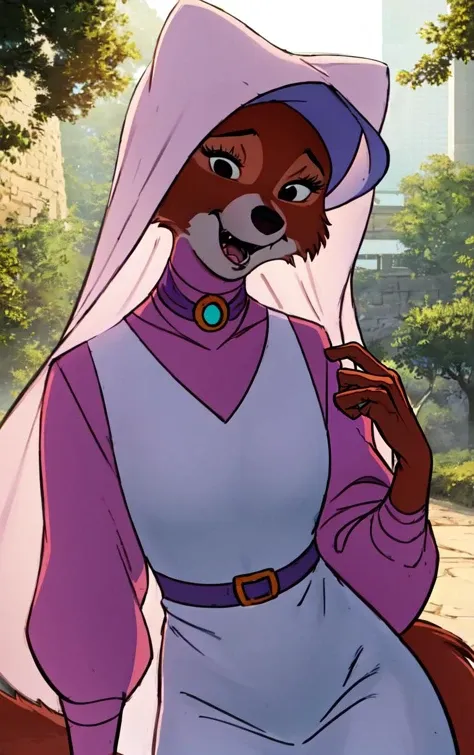 CARTOON_MaidMarian_ownwaifu,
1girl, furry, furry female, animal ears, black eyes, body fur, snout, two-tone fur, orange fur, animal nose, fangs,  tail,
dress, long sleeves, purple dress, veil, choker, jewelry, brooch, hood up, long dress, belt, gem, puffy sleeves,
<lora:CARTOON_MaidMarian_ownwaifu:1>
((masterpiece)),((best quality)),(highres, absurdres), original, official_art, looking at viewer, solo, focused, outdoors, day, cowboy shot,