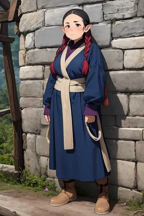 (Masterpiece, best quality, intricate details, 1sologirl) iron collar, arms behind back, iron cuffs, shackles, bound ((standing by wooden pole:1.2)) looking from above happy closed mouth ((Pirotes Dark elf skin))