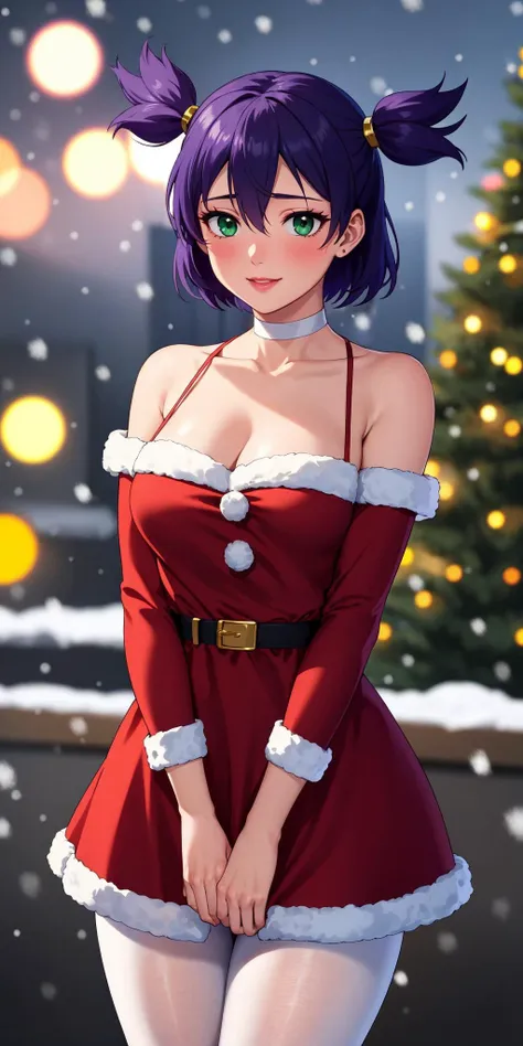 masterpiece, best quality, <lora:V5FullClose1Art1:0.7>, un, purple hair, short twintails, short hair, green eyes, large breasts, 1girl, solo, hair between eyes, <lora:santadress:0.5>, woman wearing sntdrs, red santa dress, cleavage, thighs, white fur trim, belt, pantyhose, open shoulders, red choker, christmas tree, warm light, rtx, hdr, pink lips, cute, black eyes makeup, light smile, shy, blush, amazing background, outside, snowing, stars, atmospheric, portrait, bokeh, amazing background, fireworks