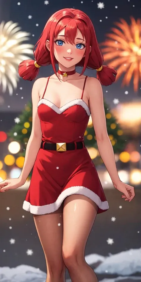 masterpiece, best quality, <lora:UlyanaLoraV1:0.7>, us, blue eyes, low twintails, red hair, small breasts, 1girl, solo, bangs, hair between eyes, short hair, <lora:santadress:0.5>, woman wearing sntdrs, red santa dress, cleavage, thighs, white fur trim, belt, pantyhose, open shoulders, red choker, christmas tree, warm light, rtx, hdr, pink lips, cute, black eyes makeup, light smile, shy, blush, amazing background, outside, snowing, stars, atmospheric, portrait, bokeh, amazing background, fireworks