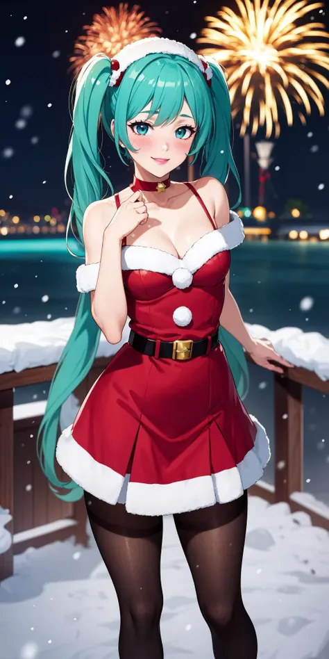 masterpiece, best quality, <lora:MikuLoraV2_U:0.7>, mi, aqua hair, long hair, twintails, hatsune miku, 1girl, very long hair, solo, aqua eyes, small breasts, <lora:santadress:0.3>, woman wearing sntdrs, red santa dress, cleavage, thighs, white fur trim, belt, pantyhose, open shoulders, red choker, christmas tree, warm light, rtx, hdr, pink lips, cute, black eyes makeup, light smile, shy, blush, amazing background, outside, snowing, stars, atmospheric, portrait, bokeh, amazing background, fireworks