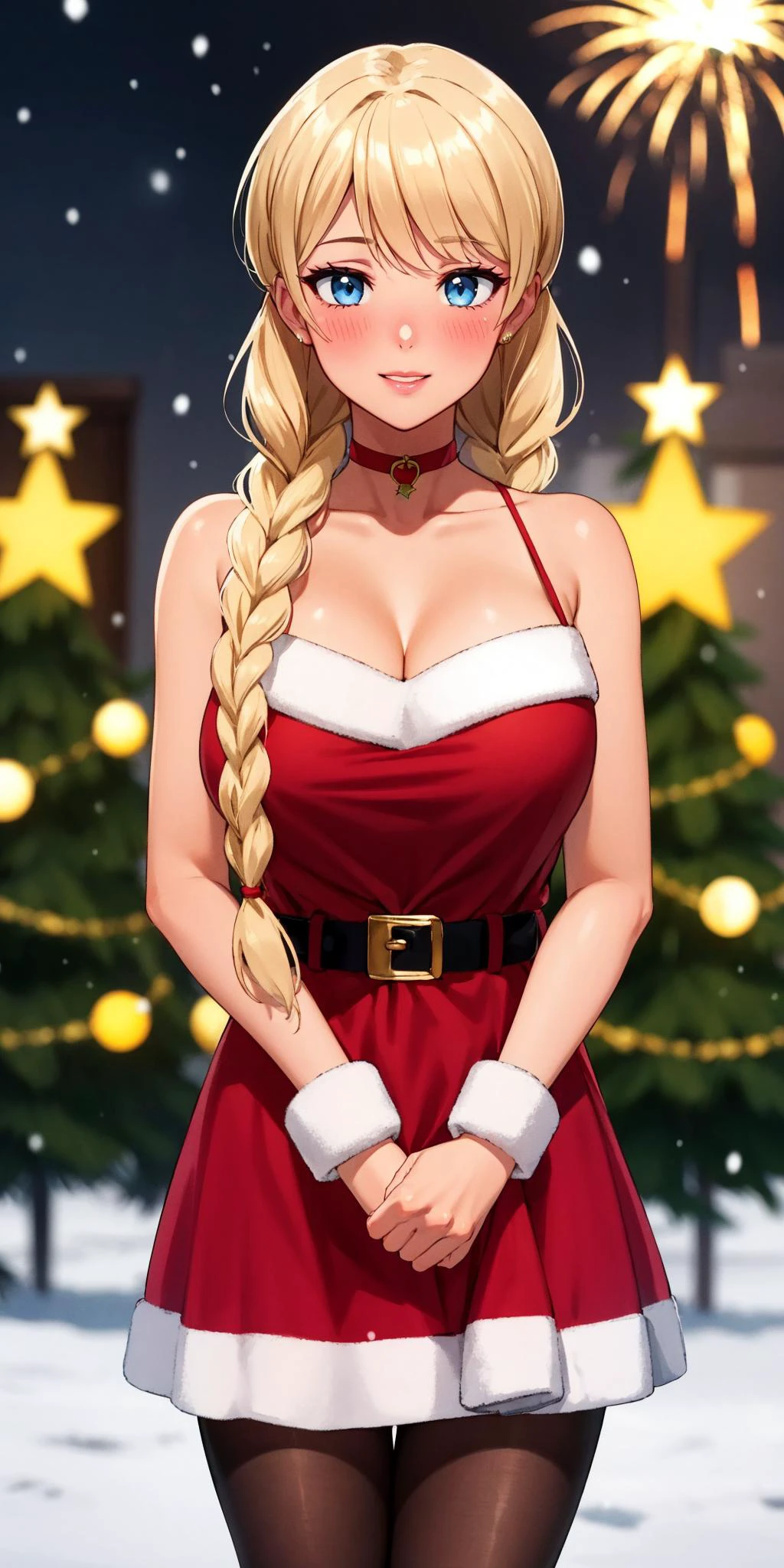 masterpiece, best quality, <lora:SlavyaLoraV5:0.7>, sl, twin braids, blonde hair, blue eyes, 1girl, solo, tan skin, large breasts, very long hair, <lora:santadress:0.3>, woman wearing sntdrs, red santa dress, cleavage, thighs, white fur trim, belt, pantyhose, open shoulders, red choker, christmas tree, warm light, rtx, hdr, pink lips, cute, black eyes makeup, light smile, shy, blush, amazing background, outside, snowing, stars, atmospheric, portrait, bokeh, amazing background, fireworks