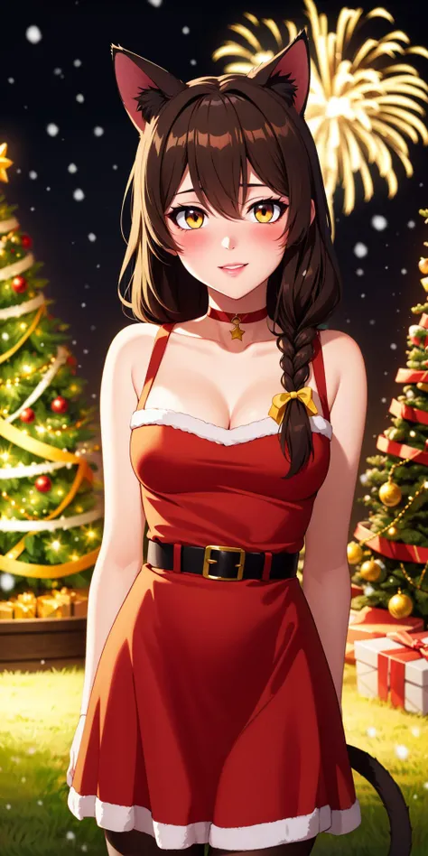 masterpiece, best quality, <lora:YVAO-new-2:0.6>, YVAO, 1girl, solo, tail, animal ears, long hair, cat tail, cat ears, braid, yellow eyes, brown hair, side braid, single braid, medium breasts, bangs, hair between eyes, hair ribbon, cat girl, yellow ribbon, cat eyes, <lora:santadress:0.3>, woman wearing sntdrs, red santa dress, cleavage, thighs, white fur trim, belt, pantyhose, open shoulders, red choker, christmas tree, warm light, rtx, hdr, pink lips, cute, black eyes makeup, light smile, shy, blush, amazing background, outside, snowing, stars, atmospheric, portrait, bokeh, amazing background, fireworks