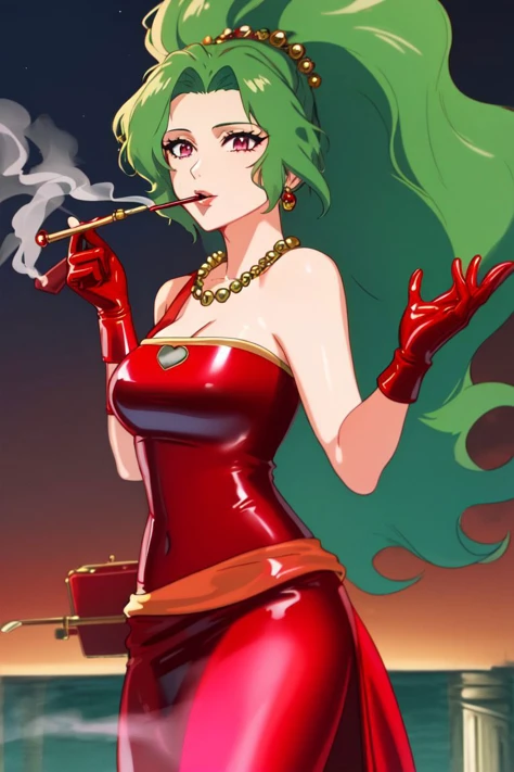 high resolution, masterpiece, high quality, perfect face, <lora:tina-nvwls-v1:.8>, Tina branford, green hair, ((red latex evening gown)), long red latex gloves, smoking pipe, pink smoke, cleavage