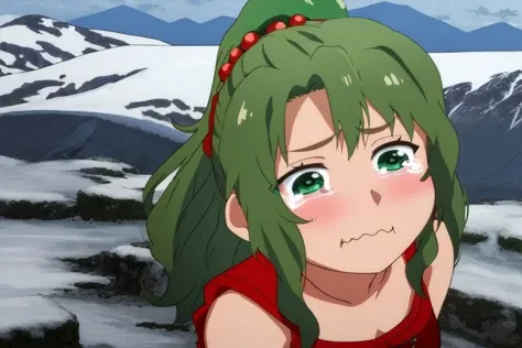 high resolution, masterpiece, high quality, perfect face, <lora:tina-nvwls-v1:1>, tina branford, sleeveless red dress, green hair, parody, crying, tears, wavy mouth <lora:aqua_crying_meme:.8>, snowy mountain