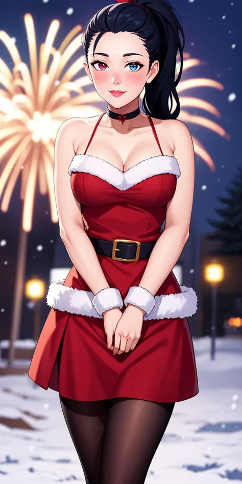 masterpiece, best quality, <lora:viola:0.4>, 1girl, blue eyes, heterochromia, long hair, medium breasts, ponytail, red eyes, solo, viola, black hair, <lora:santadress:0.3>, woman wearing sntdrs, red santa dress, cleavage, thighs, white fur trim, belt, pantyhose, open shoulders, red choker, christmas tree, warm light, rtx, hdr, pink lips, cute, black eyes makeup, light smile, shy, blush, amazing background, outside, snowing, stars, atmospheric, portrait, bokeh, amazing background, fireworks, looking at the viewer