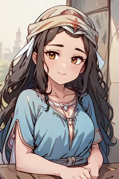 (masterpiece:1.4), high quality, high definition, sharp focus, detailed face, anime, best quality, 4k, 8k, absurd resolution, intricate detail, detailed hands, detailed eyes, animation, illustration, highly detailed, highres, extremely detailed, detailed body, detailed clothes, <lora:ETO_OCC002:0.7> ETO_OCC, thick eyebrows, <lora:hyperdenoiser_v090:0.6>, (looking at viewer:1.6), (plump), (hazel eyes:1.3), (parted bangs:1.4), <lora:mesugaki-10:0.6>, smiling, smug, <lora:ETO_OC:0.2> ETO-OC, <lora:sensualface_type1:0.6>, seductive smile, <lora:perfetfingers:1>, pureerosface_v1, prettify, OverallDetail, Illust-InstaFilter, hotify, edgQuality, Earth-QualityPos, BodyPositive, Best_QualityPos, Leaning on a railing, Point-of-view shot, 1girl, breasts, <lora:hyperrefiner_v090:0.6>, <lora:hebrew_costume:1> Hebrew clothing, (Israelite female clothing), (indigo long tunic with Butterscotch Blonde embroidery), bracelet, sandals, (ancient israel women's clothing), (wearing sky blue head scarf over the head:1.5),