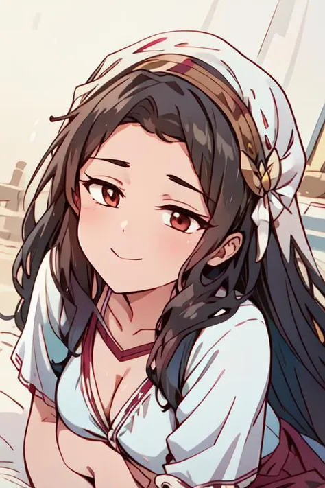 (masterpiece:1.4), high quality, high definition, sharp focus, detailed face, anime, best quality, 4k, 8k, absurd resolution, intricate detail, detailed hands, detailed eyes, animation, illustration, highly detailed, highres, extremely detailed, detailed body, detailed clothes, <lora:ETO_OCC002:0.7> ETO_OCC, thick eyebrows, <lora:hyperdenoiser_v090:0.6>, (looking at viewer:1.6), (plump), (hazel eyes:1.3), (parted bangs:1.4), <lora:mesugaki-10:0.6>, smiling, smug, <lora:ETO_OC:0.2> ETO-OC, <lora:sensualface_type1:0.6>, seductive smile, <lora:perfetfingers:1>, pureerosface_v1, prettify, OverallDetail, Illust-InstaFilter, hotify, edgQuality, Earth-QualityPos, BodyPositive, Best_QualityPos, Kneeling on one knee, looking up, Full shot, 1girl, breasts, <lora:hyperrefiner_v090:0.6>, <lora:hebrew_costume:1> Hebrew clothing, (Israelite female clothing), (blue long tunic with Mint embroidery), bracelet, sandals, (ancient israel women's clothing), (wearing burgundy head scarf over the head:1.5),