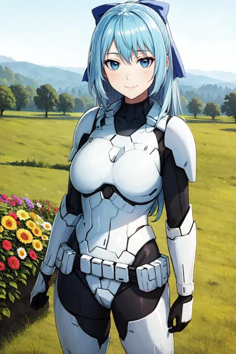 sgliselotte, cowboy shot, standing, light smile BREAK long hair, blue hair, sidelocks, blue eyes BREAK (black bow, hair bow, StromTrooper, armor, large breasts:1) BREAK (garden field:1) <lora:liselotte-sd15-5-000008:0.7> <lora:CONCEPT-StormTrooper:0.8>