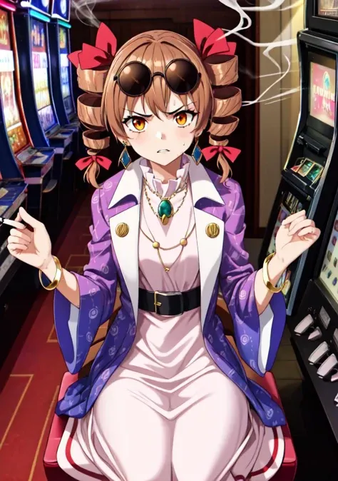 (masterpiece, high quality,shiny skin:1.2) ,vivid color, high contrast,<lora:more_details:0.2>, <lora:GoodHands-beta2:1>,(yorigami jo'on,1girl,red bow,hair bow,brown hair, sunglasses,eyewear on head,drill hair,orange eyes,earrings,gem, jewelry, bow, ring,pendant,necklace,buckle, high collar, long sleeves,wide sleeves,bracelet, purple coat,open clothes, belt, white dress,red ribbon, floral print, <lora:Yorigami:1>,BREAK,sweat,angry,panic,in casino, indoor,slot machine, sitting on a chair,from an angle,<lora:casino-10:0.6>,<lora:smoking_ok:1>(smoking:1.3),