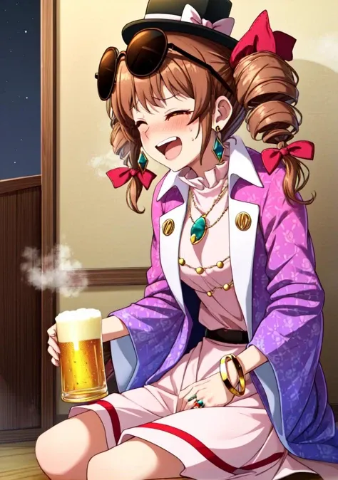 (masterpiece, high quality,shiny skin:1.2) ,vivid color, high contrast,<lora:more_details:0.2>, <lora:GoodHands-beta2:1>,(yorigami jo'on,1girl,top hat,hat bow,red bow,hair bow,brown hair, sunglasses,eyewear on head,drill hair,orange eyes,earrings,gem, jewelry, bow, ring,pendant,necklace,buckle, high collar, long sleeves,wide sleeves,bracelet, purple coat,open clothes, belt, white dress,red ribbon, floral print, <lora:Yorigami:1>,BREAK,,sweat,blush,(front view:1.2),close-up,BREAK,(laughing),open mouth,closed eyes,drunk,steaming body,sitting,indian style,beer mug,zip-top can,indoors,apartment,night