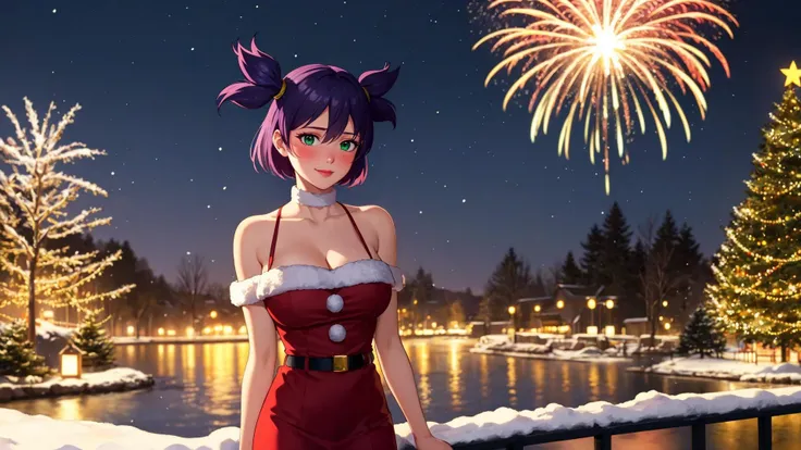 masterpiece, best quality, <lora:V5FullClose1Art1:0.7>, un, purple hair, short twintails, short hair, green eyes, large breasts, 1girl, solo, hair between eyes, <lora:santadress:0.3>, woman wearing sntdrs, red santa dress, cleavage, thighs, white fur trim, belt,pantyhose, open shoulders, red choker,  winter, christmas, christmas tree, warm light, rtx, hdr, pink lips, cute, black eyes makeup, light smile, shy, blush, amazing background, outside, snow, snowing, stars, atmospheric, portrait, bokeh, amazing background, fireworks, looking at the viewer,