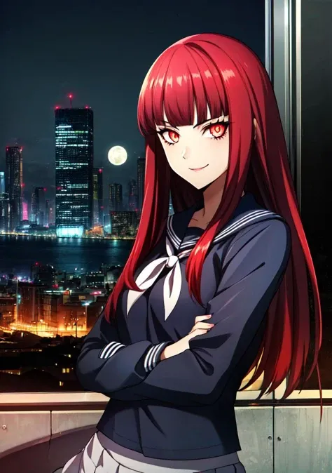 (masterpiece, high quality,shiny skin:1.2) ,vivid color, high contrast,<lora:more_details:0.2>, <lora:GoodHands-beta2:1>,,1girl, solo,sitting, cyberpunk cityscape,night city \(city\), stealth in the city,(glowing eyes:1.2),cowboy shot, evil smile, evil eyes,background city,<lora:zs_Sahori:0.8>,upper body, looking at viewer,18years old,sahorismt, long hair, blunt bangs, black serafuku, red hair, pantyhose, loafers,No expressin,bigmoon
