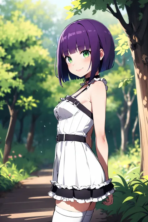 (masterpiece), best quality, expressive eyes, perfect face, solo, petite, sketch, 
short hair, blunt bangs, purple hair, green eyes, medium breasts, white dress, bursting breasts, seductive smile, choker, frills, belt, thighhighs, arms behind back, 
forest, portrait, from side,