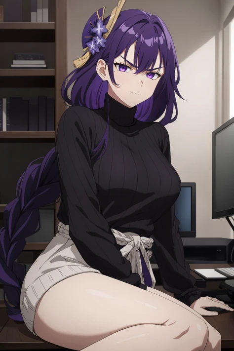 1girl, table humping, crotch rub, white shirt, pencil skirt,
office, white panties, skirt lift, lanyard, table, lifting, multiple boys,suggestive fluid,, masterpiece, best quality, highly detailed, long purple hair, purple eyes