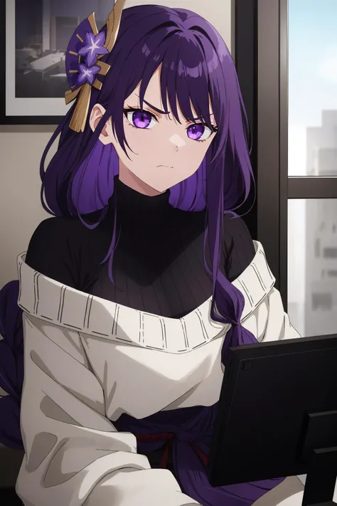 (masterpiece), best quality, expressive eyes, perfect face, solo, raiden shogun, long hair, purple hair, purple eyes, hair ornament, mole, braided ponytail, dark oversize knit sweater, modern house, sits in front of monitor, cozy atmosphere, a bit angry expression <lora:raiden_shogun:0.7>