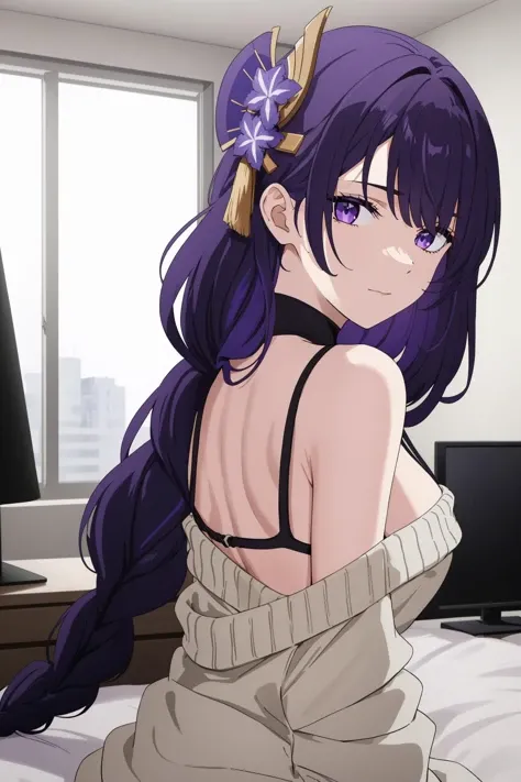 ((highest quality)), (High resolution),  from behind, ((butt focus)), leaning forward, Tube top, yoga pants, Tedeza Rise, Gochiusa, purple hair, long hair, twin tails, purple eyes, bangs, blush, eyebrow hair, big breasts, Backlight, white background