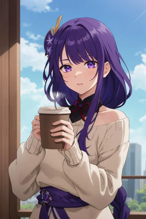 (masterpiece), best quality, expressive eyes, perfect face, solo, raiden shogun, long hair, purple hair, purple eyes, hair ornament, mole, braided ponytail, oversize knit sweater, coffee cup, blue sky, wind <lora:raiden_shogun:0.7>