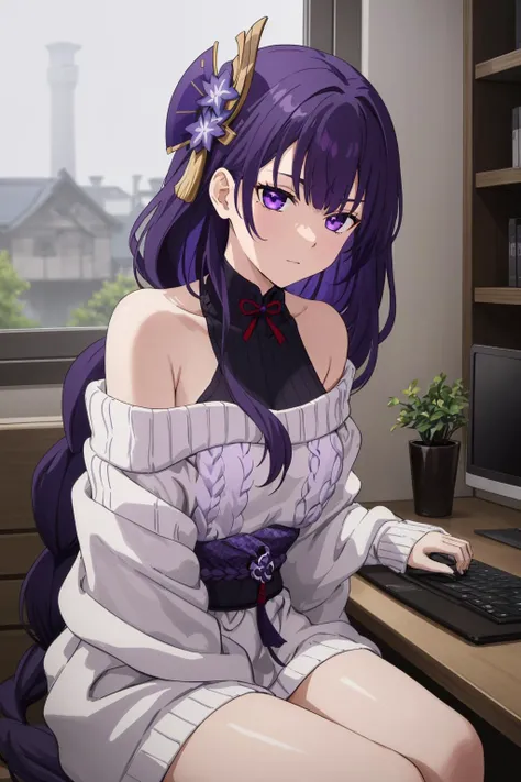 (masterpiece), best quality, expressive eyes, perfect face, solo, raiden shogun, long hair, purple hair, purple eyes, hair ornament, mole, braided ponytail, bare shoulders, oversize knit sweater, modern house, sits in front of a computer, cozy atmosphere <lora:raiden_shogun:0.7>