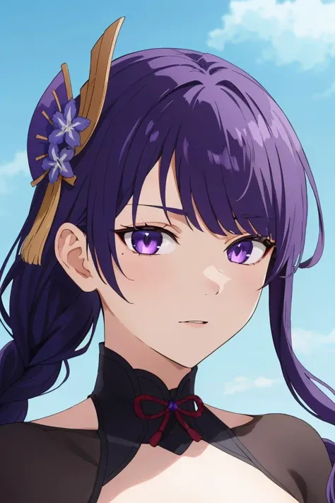 (masterpiece), best quality, expressive eyes, perfect face, solo, raiden shogun, long hair, purple hair, purple eyes, hair ornament, mole, braid, braided ponytail, portrait, blue sky, wind <lora:raiden_shogun:0.7>