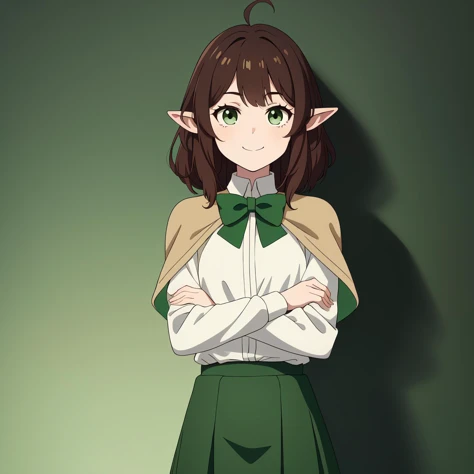Highres, (Masterpiece, Best Quality:1.2), (Detailed),<Lora:Add_Detail:0.1>, HDR, Ambient Lighting, Anime Screencap, Anime Coloring, Portrait, Medieval, Solo Focus, Looking at Viewer, Smiling, 1Girl, ((Young)), A Young Girl with Long Messy Dark Brown Hair and Green Eyes standing with Arms Crossed, Crossed Arms, (Messy Hair), Small Ahoge, Green Eyes, Cute Face, Angular Face, (Short Pointy Ears), Beige Shirt, Green Capelet, Green Bowtie, Green Skirt, Long Sleeves, Flat Chest, (Small Breasts:1.3), Simple Background