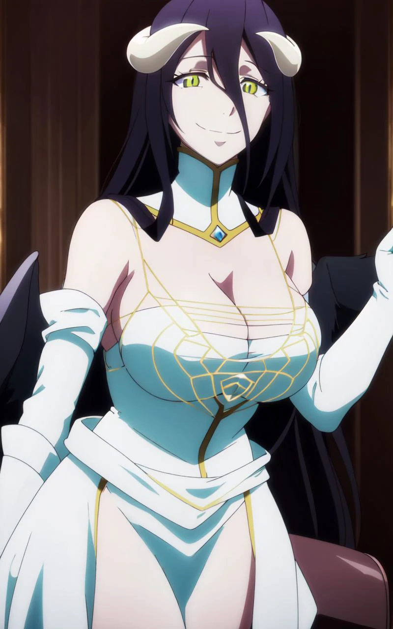 (ultra high res, ultra detailed, high resolution, highly detailed, 4k, 8k), an extremely delicate and beautiful, smile, albedo, Overlord, white dress, detached collar, elbow gloves, wings, huge breasts, <lora:ãªã¼ãã¼ãã¼ã ã¢ã«ãã albedo-overlord-11:0.8>,