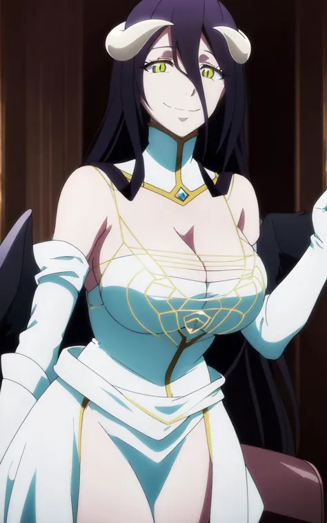 (masterpiece:1.6, best quality:1.4, real picture:1.2, intricate details:1.2), Albedo, 1girl, dark hair, red eyes, big lips, lip gloss, long hair, medium breasts, bare shoulders, hourglass figure, (narrow waist), thick thighs, thick ass, defined stomach, sexy pouty lips, cleavage, vampire girl, white latex micro bikini, sexy thight micro panties, detailed face and eyes, black pantyhose, black gloves, seductive pose, royal room.