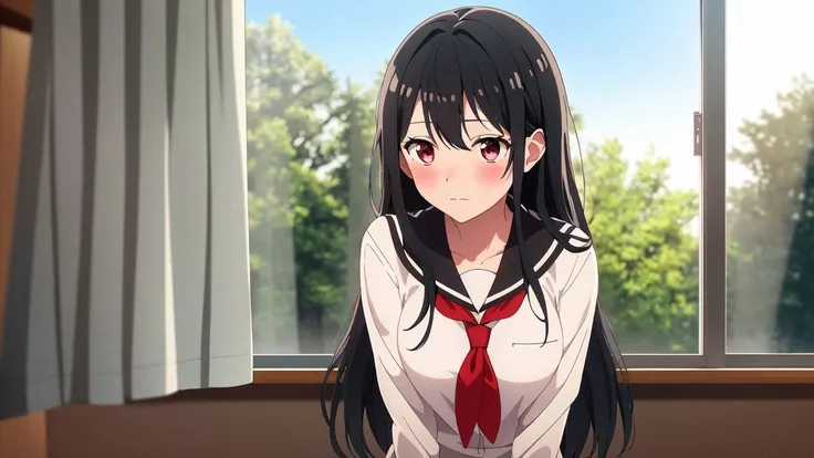 (masterpiece), best quality, 1girl, schoolgirl, solo, medium breasts, close up, long black hair, classroom, window, floor, curtain, wall, uniform, closed mouth, looking away, red brown eyes, trees, close up, blush, waist up, afternoon, sit.
