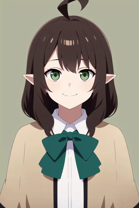 Highres, Masterpiece, Best Quality, <lora:Add_Detail:-0.4>, (Anime Screencap), Anime Coloring, Fantasy Portrait, Solo, Looking at Viewer, Smile, Closed Mouth, 1Girl, ((Young)), Medium Hair, Big Hair, Ahoge, Wavy Hair, Dark Brown Hair, Expressive Eyes, Green Eyes, Perfect Face, (Short Pointy Ears), , Flat Chest, White School Shirt, Beige Capelet, Green Bowtie, Simple Background, Green Background, Bokeh