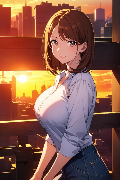 absurdres, (masterpiece: 1.2, best quality: 1.2), (perfect face: 1.2, perfect eyes: 1.2), (extremely detailed beautiful eyes: 1.1), ambient soft lighting, 4K, perfect lighting,
1girl, solo, facing viewer, short brown hair, brown eyes, (large breasts: 1.2), light smile, white shirt, jeans,
(outdoors), railing, cityscape, (sunset: 1.2),