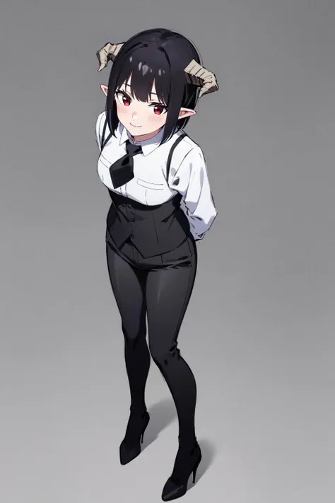 (masterpiece, best quality), <lora:torture_tortura:0.7>, highres, 1girl, arms behind back, black gloves, black hair, black necktie, black pants, black vest, closed mouth, full body, gloves, groin outline, high heels, leaning forward, long sleeves, looking at viewer, necktie, pants, pointy ears, red eyes, shirt, short hair, short necktie, simple background, solo, standing, suspenders, underbust, vest, white background, white shirt, horns, blush, smile,