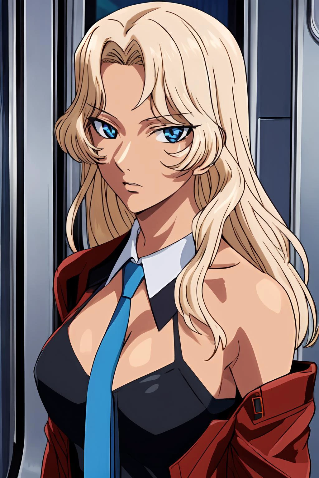 (masterpiece, best quality:1.2), highres, anime screencap, anime coloring, 1girl, solo, retro artstyle, 1990s \(style\),
ItazuraMieko_V1, mature female, dark skin, blonde hair, long hair, parted bangs, blue eyes, ultra detailed eyes,
red jacket, open jacket, detached collar, blue necktie, military uniform, black shirt, cleavage, bare shoulders,
standing,
indoors, train interior, straight-on, portrait, face focus, looking at viewer,
<lora:add_detail_CyberAlchemist:0.4>, <lora:GoodHands-vanilla:0.8>, <lora:ItazuraMiekoV1_1-000023:0.85>