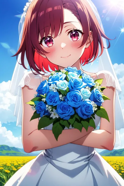 anime screencap, anime coloring, 1 girls, solo, cute, wedding dress, flower field, scenery, full-face blush, (embarrassing:1.2), smile, red hair, middle hair, bouquet, looking at viewer, looking down, lens flare