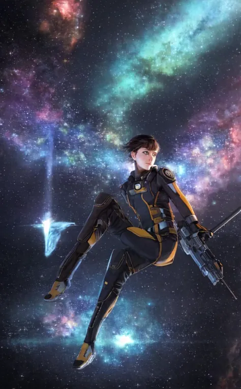 smooth 3d render ([style of Ilya Kuvshinov|style of Kim Keever|style of Mandy Jurgens|style of Anna Dittmann]:0.3), A woman, captain of a starship, navigates through a nebula, her face illuminated by the cosmos, as she charts a course to distant galaxies.