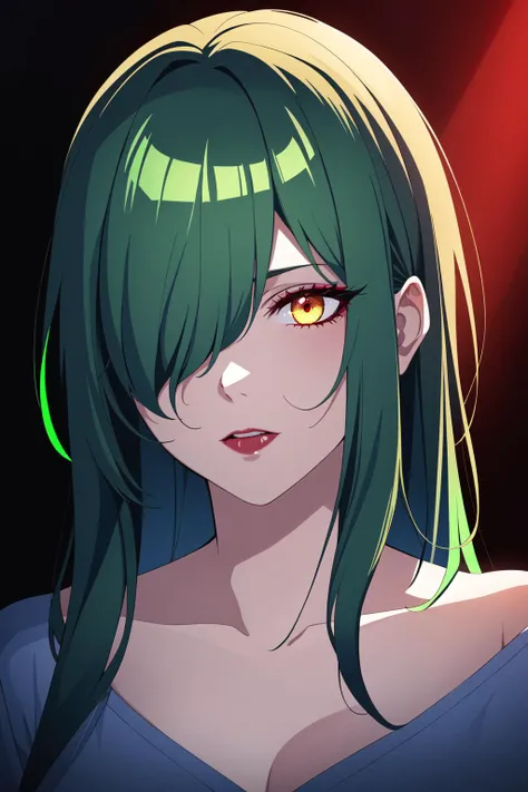 portrait of a girl, hair over one eye, 1girl,  bangs, toxic green hair, long hair, shining yellow eyes, vneck, (neon colors), neon hair, red eye shadow, tele view, hard lighting, black background, highly detailed, masterpiece,  by tanya shatseva, dark, psychopathic, gloomy