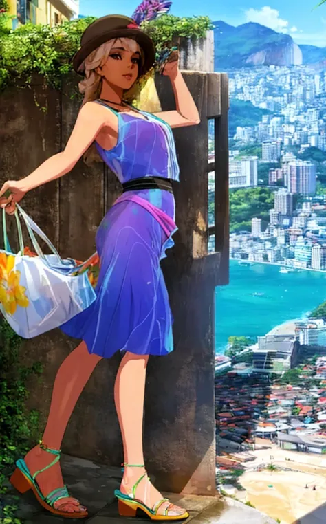 smooth 3d render ([style of Ilya Kuvshinov|style of Kim Keever|style of Mandy Jurgens|style of Anna Dittmann]:1.5),(sexy flirty babe,sheer cloth panty peek:1.1),  (style of Steve McCurry), [vibrant Rio de Janeiro culture:iconic landmarks:0.8] panorama, capturing the essence of Rio de Janeiro, Brazil, through the lens of a traveler. The scene is a breathtaking composition that seamlessly integrates the majestic Christ the Redeemer statue, the lively Copacabana beach, and the colorful tapestry of the favelas. The focal point is a woman, embodying the vibrant spirit of the city, positioned against this dynamic backdrop. Her outfit is a ((tasteful fusion of casual and flamboyant)), with a lightweight, colorful sundress that dances to the rhythm of the Rio breeze, accessorized with a pair of stylish sunglasses and a wide-brimmed hat, perfect for the sunny escapades. Her sandals are simple, yet chic, ideal for strolling along the beachside.