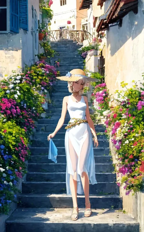 smooth 3d render ([style of Ilya Kuvshinov|style of Kim Keever|style of Mandy Jurgens|style of Anna Dittmann]:1.5),(sexy flirty babe,sheer cloth panty peek:1.1),  (style of Slim Aarons), [Mediterranean elegance:Santorini charm:0.7] setting, a woman gracefully exploring the iconic streets of Santorini, Greece. She's enveloped in a ((breezy yet chic ensemble)), featuring a flowing maxi dress that mirrors the azure of the Aegean Sea, complemented by delicate gold jewelry that catches the sunlight. Her attire is a harmonious blend of elegance and comfort, perfect for a leisurely day under the Grecian sun. The dress is cinched at the waist with a thin belt, accentuating her silhouette against the backdrop of the island's famed whitewashed buildings with their striking blue domes. She dons a wide-brimmed straw hat, shielding her eyes from the sun, as she meanders through narrow cobblestone pathways, her sandals clicking softly. The scene captures her moment of pause on a cliffside, overlooking the expansive sea, her dress fluttering gently in the sea breeze. The composition contrasts the vivid blues and stark whites of the architecture, with pops of color from blooming bougainvillea. Her expression is one of serene contemplation, a traveler immersed in the beauty of Santorini, standing out yet perfectly integrated into the idyllic setting, embodying the essence of Mediterranean sophistication.