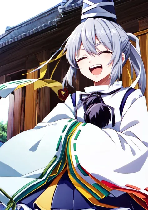 (masterpiece, high quality,shiny skin:1.4) ,vivid color, high contrast,<lora:more_details:0.3>, <lora:GoodHands-beta2:1>,1girl,<lora:mononobenofuto:1>,1girl,mononobe no futo, hat,long hair,grey hair, ponytail, grey eyes, shirt,skirt,ribbon,japanese clothes,wide sleeves, long sleeves,(laughing:1.2),open mouth,closed eyes,crossed arms,temple,close up,from front,