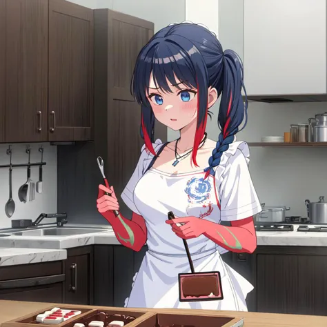High Quality, Masterpiece, 1girl, IncrsChocoMaker, <lora:ChocolateMaking:1>, whisk, apron, food on face, kitchen, chocolate on body, panicking, civitai-chan, braided bangs, multicolored hair, black hair, blue hair, blue eyes, necklace, <lora:Char_Meme_Civitaichan:0.8>, <lora:outfit-nianv2-pynoise:1> outfit-nian