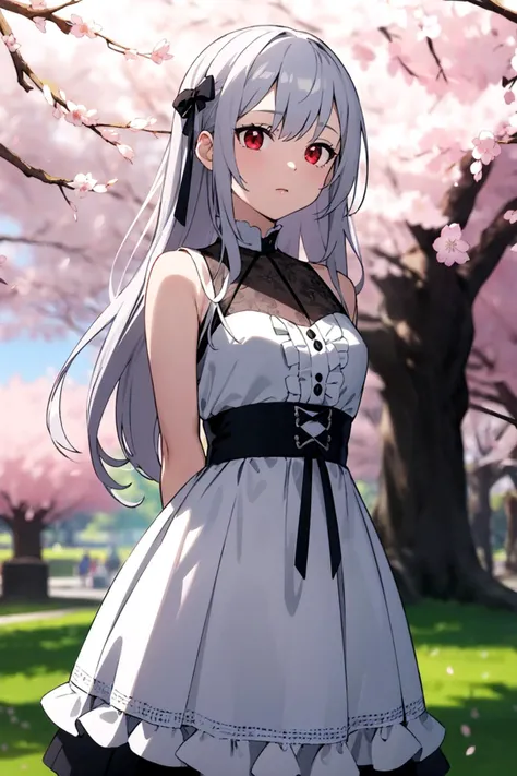 masterpiece, best quality, intricate, long hair, silver hair, red eyes, dress, frills, gothic, arms behind back,
outdoors, cherry blossoms, depth of field,