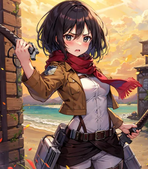 <lora:mikasa_ackerman_v1:0.8>
masterpiece, best quality, highres, hmmikasa, open jacket,short hair, black eyes, scarf, emblem, belt, thigh strap, red scarf, nude, cowboy shot, standing, on the beach,wall,village, tall girl, 4k, beautiful lighting, detailed face,holding weapon, sword, dual wielding, three-dimensional maneuver gear, fighting stance,(angry,blush,) <lora:GoodHands-vanilla:1>