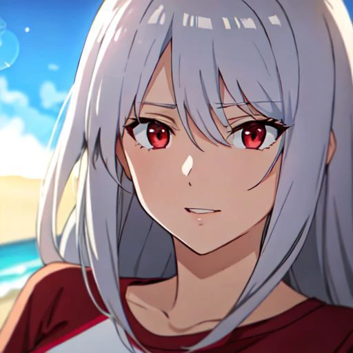 artwork, best quality, alone, anime screenshot, mature woman, long hair, silver hair, red eyes, T-shirt, large breasts, tied shirt, depth of field, blurred background, beach, portrait, wind, reflection lens, good hands.