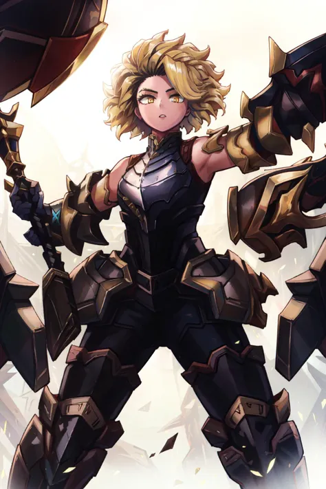 best quality, intricate details, 
1girl,    <lora:rellLeagueOfLegends_02:0.8> rell \(league of legends\), rell \(league of legends\),blonde hair, yellow eyes, short hair, 
 <lora:yetAnotherHorikoshi_v10:0.8>
 <lora:war_glamv1.1:0.8>  War_Glam, wearing  War_Glam, grey armor, plate armor, pauldrons