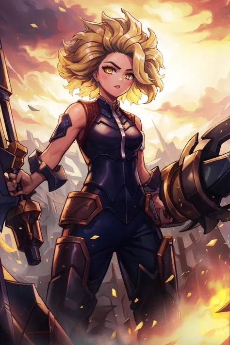 best quality, intricate details, 
1girl,    <lora:rellLeagueOfLegends_02:0.8> rell \(league of legends\), rell \(league of legends\),blonde hair, yellow eyes, short hair, 
 <lora:yetAnotherHorikoshi_v10:0.8>