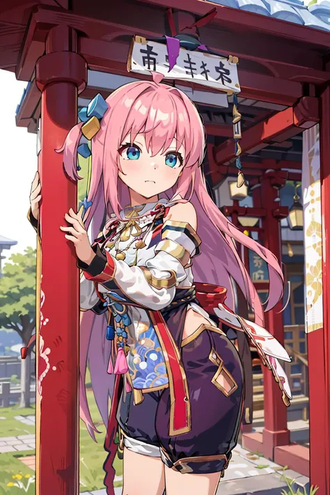 absurdres, highres, ultra detailed, 1girl, <lora:shiun_yumemitori_v1:1>,shiun yumemitori,official alternate costume,japanese clothes,white shirt,bare shoulders,sleeveless shirt,ribbon-trimmed sleeves,detached sleeves,purple shorts,purple bow, <lora:gotou_hitori_v1:0.7> gotou1, gotou hitori, pink hair, shrine,