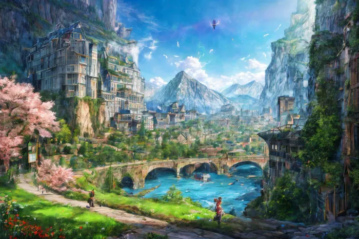 (RAW photo, 8k uhd, Analog style, Masterpiece, Best Quality, Highres:1.4), (dramatic, cinematic:1.2), BREAK,
movie shot of colorful hyperdetailed fantastic fantasy mysterious magic landscape, above clouds, (medieval elven fantasy (village:1.35), (steampunk:1.05) (peasant:1.15) (robots:1.1) (crowd:1.35), playing (little steampunk (girl:1.25):1.1), (farm:1.31), (lake, (river:1.14):1.15), (bridges:1.4), (waterfalls:1.35), (boat:1.4), (dock:1.1), (cliff:1.35), road, (green:1.05) valley, (flowers:1.2), (maple trees:0.65), (green:1.05) (fields:1.3), (fences:1.3), (snowy:1.17) (pines:1.1), (pink:1.0) (flowering tree:1.12):1.22), BREAK,
((mountains:1.22), (futuristic:1.15) (overgrown:1.27) (skyscrapers:1.53) (ruins:1.35), (market, water wheel, castle:1.14), (colorful houses:1.2), birds, stairs, spaceport, ((bright morning sun daylight:1.05) rainbow pure (blue:1.05) sky, glowing:1.05), starry, crescent, meteor, ((fluffy cloud:1.2), godrays, light particles:1.05), various seasons, steam, smokes:1.2), BREAK,
(photorealistic:1.2), (intricate:1.3), (light theme:1.3), (inspiring joyful atmosphere:1.2), (fabulous, fantasy, mysterious, science fiction, post-apocalypse, incredible, amazing, happy, sunny, pastoral:1.2), (hyperdetailed, absurdres:1.2), (colorful, saturated:1.4), colorful lighting, BREAK,
<lora:more_details:1>,